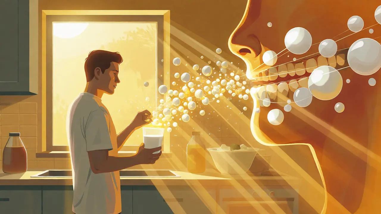 Ilustrace vstřebávání vápníku díky slunečnímu světlu a vitaminu D