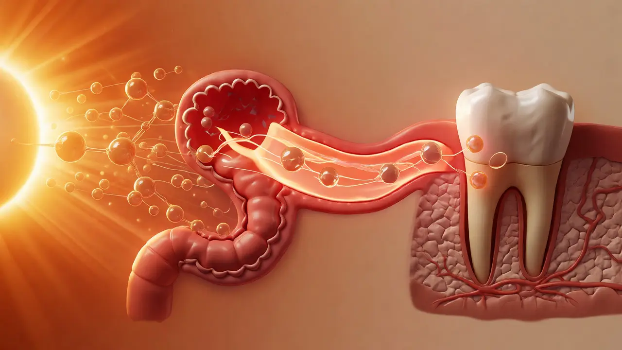 Konceptuální vizualizace vstřebávání vitamínu D a vápníku do kostí