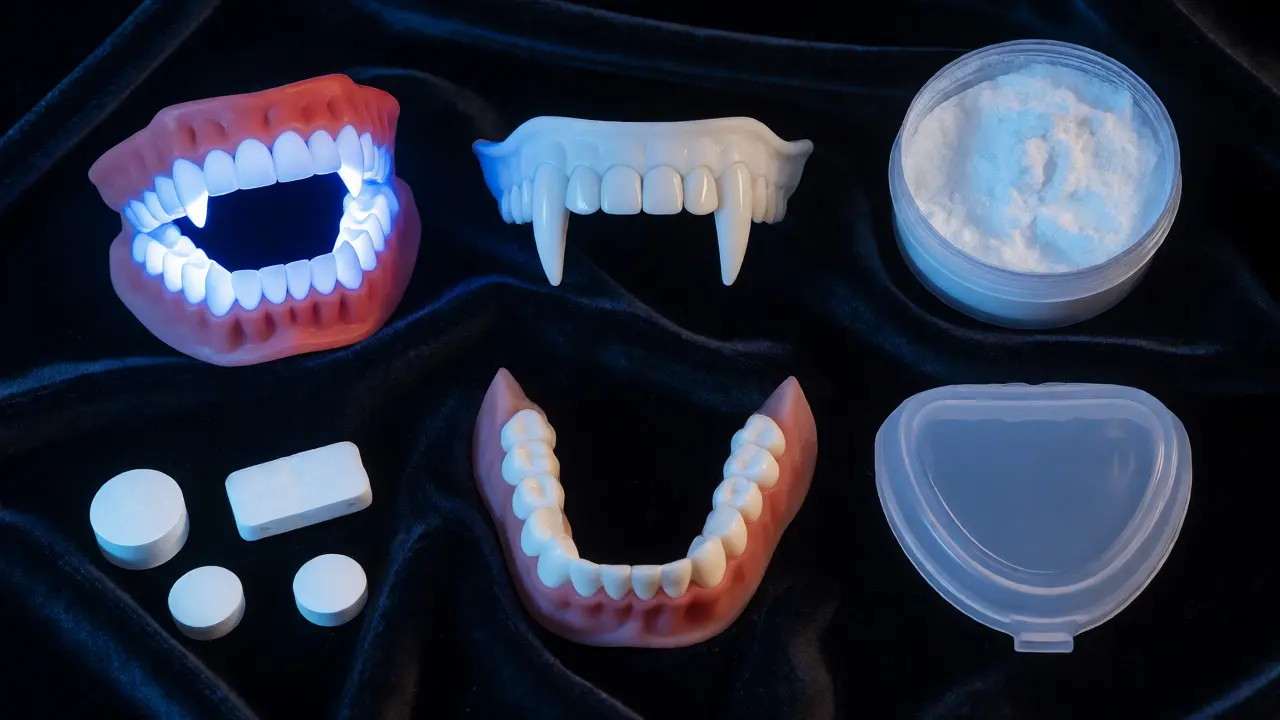 Různé typy kostýmních zubů a doplňky pro hygienu na tmavém pozadí.