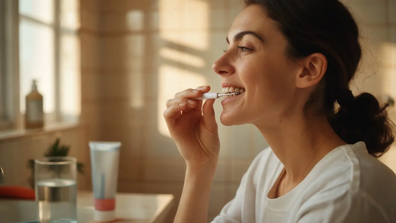 Žena používá mezizubní kartáček pro prevenci tvorby zubního kamene