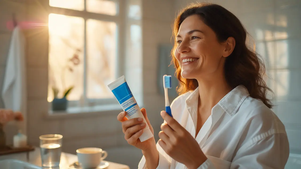 Žena s úsměvem drží pastu proti citlivosti po dentální hygieně