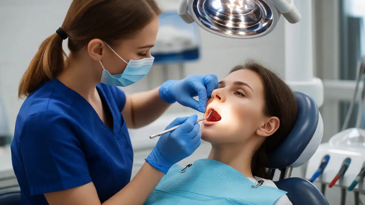Zubní asistentka provádí preventivní vyšetření dutiny ústní u pacienta